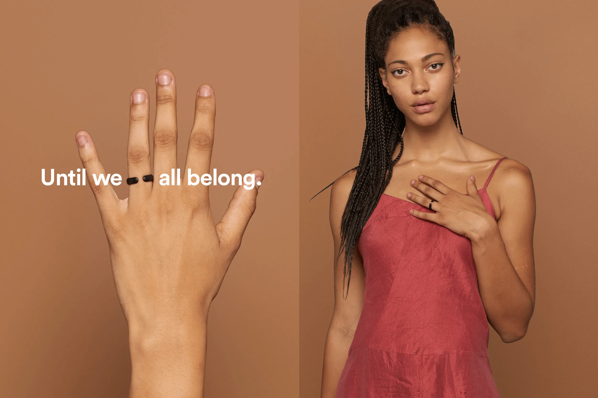 A woman wearing the uniquely designed black ring