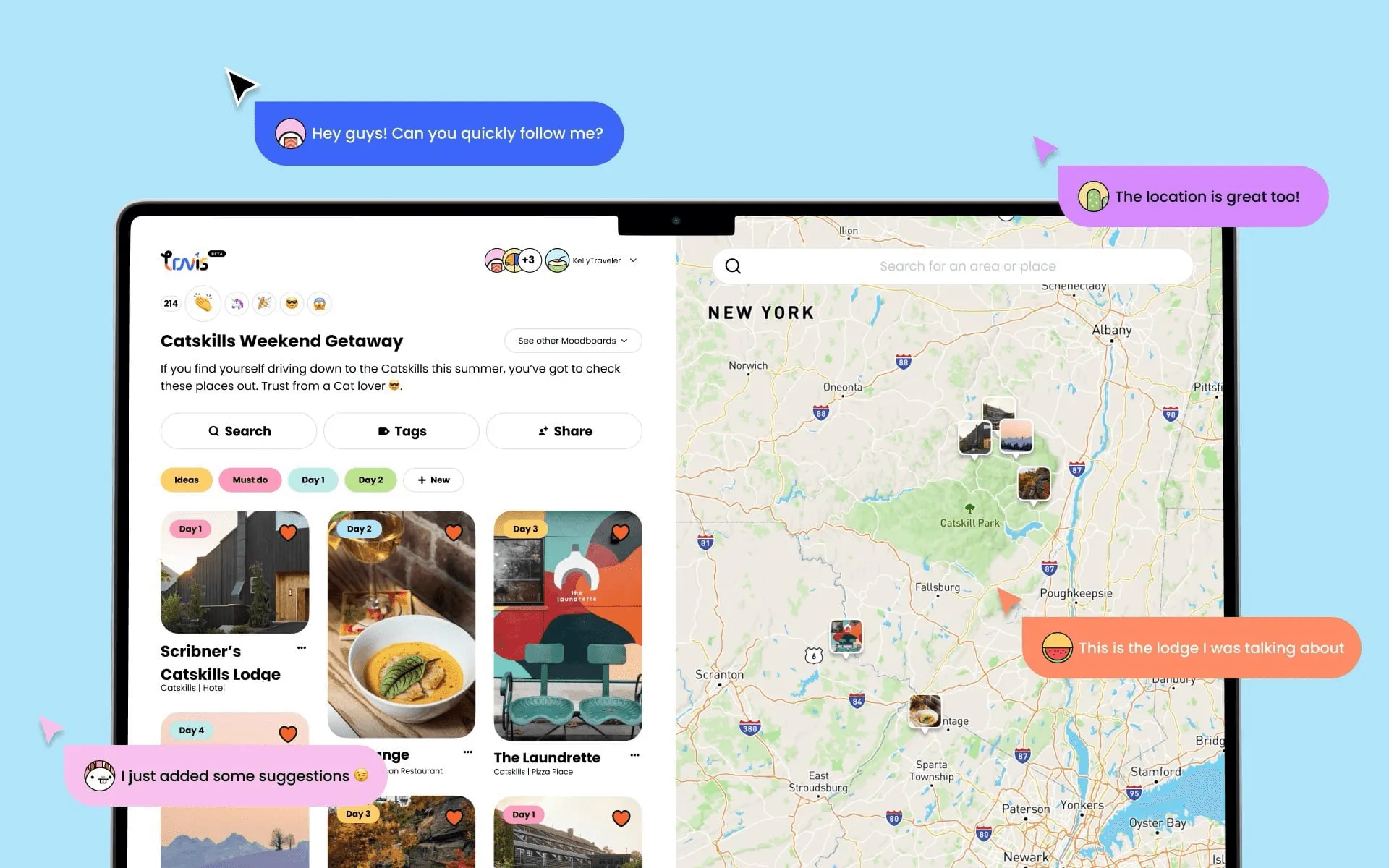 Screen from the web app, with four people collaborating inside a Moodboard